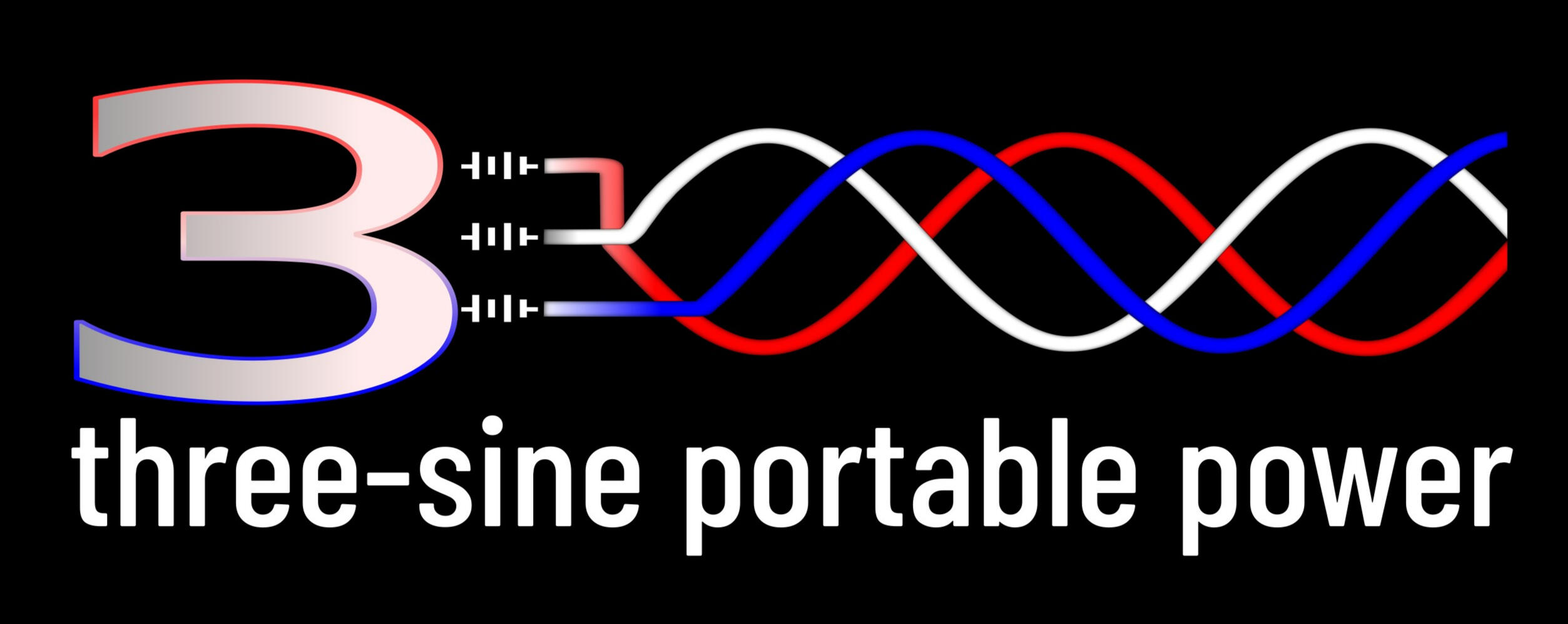 Three-Sine Portable Power Inc. Philadelphia, Pennsylvania. Three-Sine Portable Power principle logo. 3 red, white, and blue sinusoidal waveforms offset by 120 degrees representing 3-phase electrical current. Battery terminal symbols connect the waves to a metallic 3 illuminated by the current.